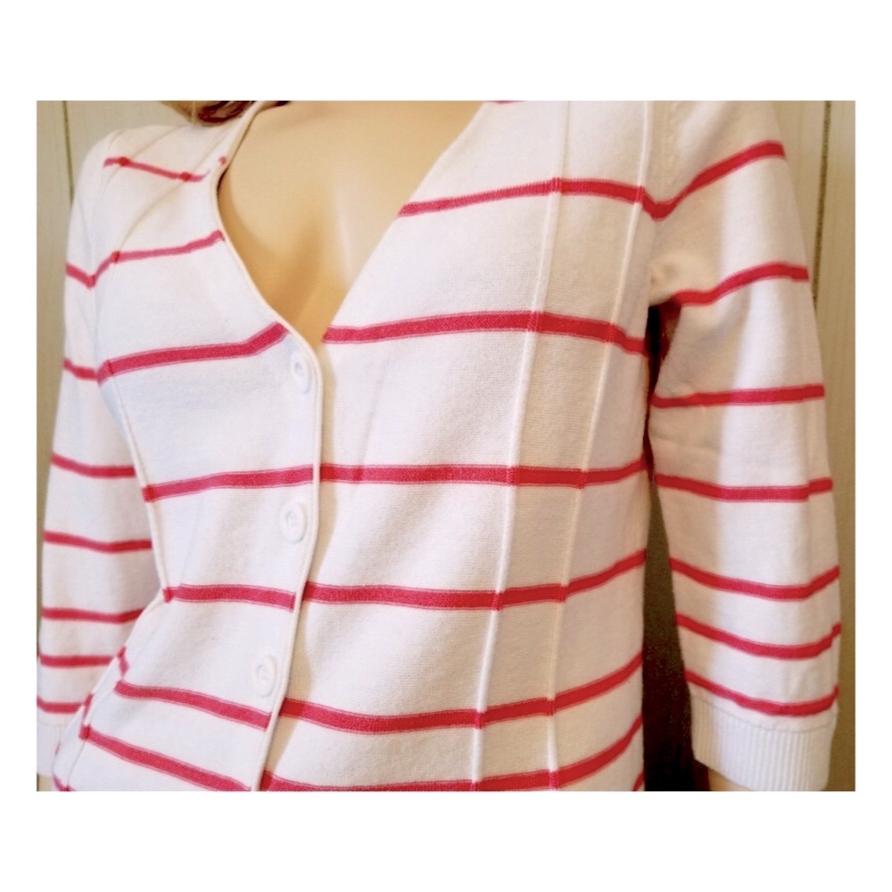 Christopher & Banks Retro White & Coral Striped Buttondown Cardigan